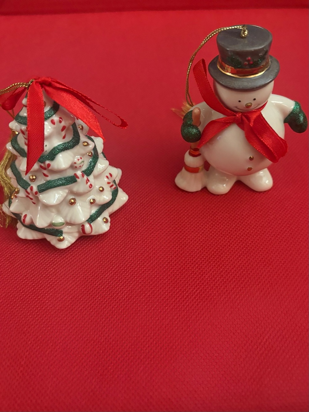 Lenox Holiday Ceramic Snowman and Tree Ornaments - Red Accents